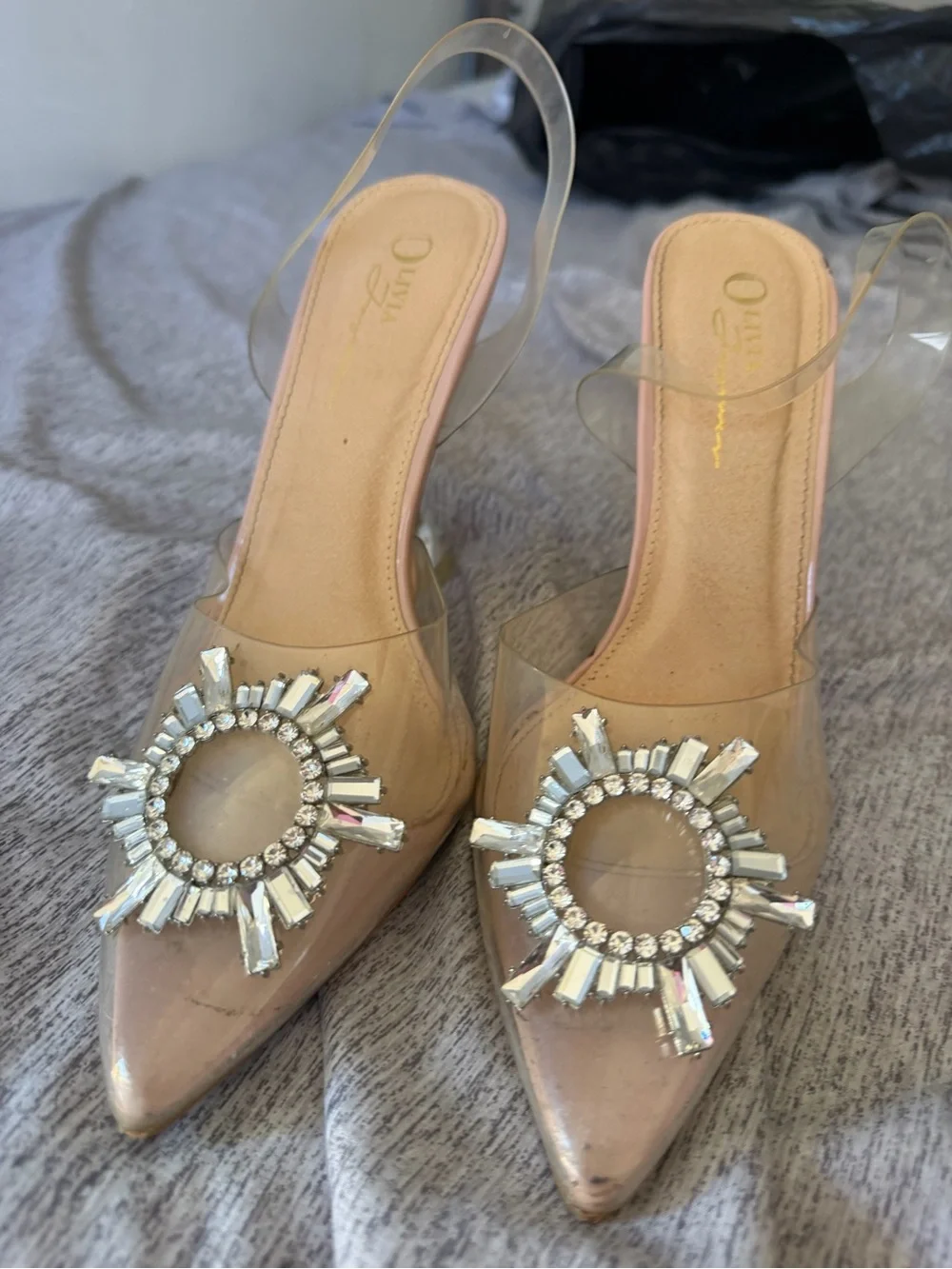Crystal-Embellished Clear Nude Pointed Slingback Heels